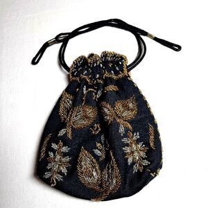 Vintage Black Drawstring Evening Pouch with Gold Embroidered Leaves